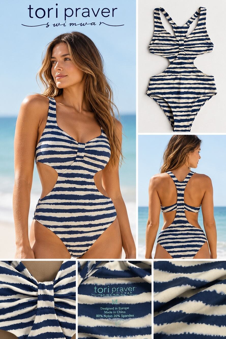 Tori Praver Swimwear Navy Ivory Striped Cutout One Piece Swimsuit M